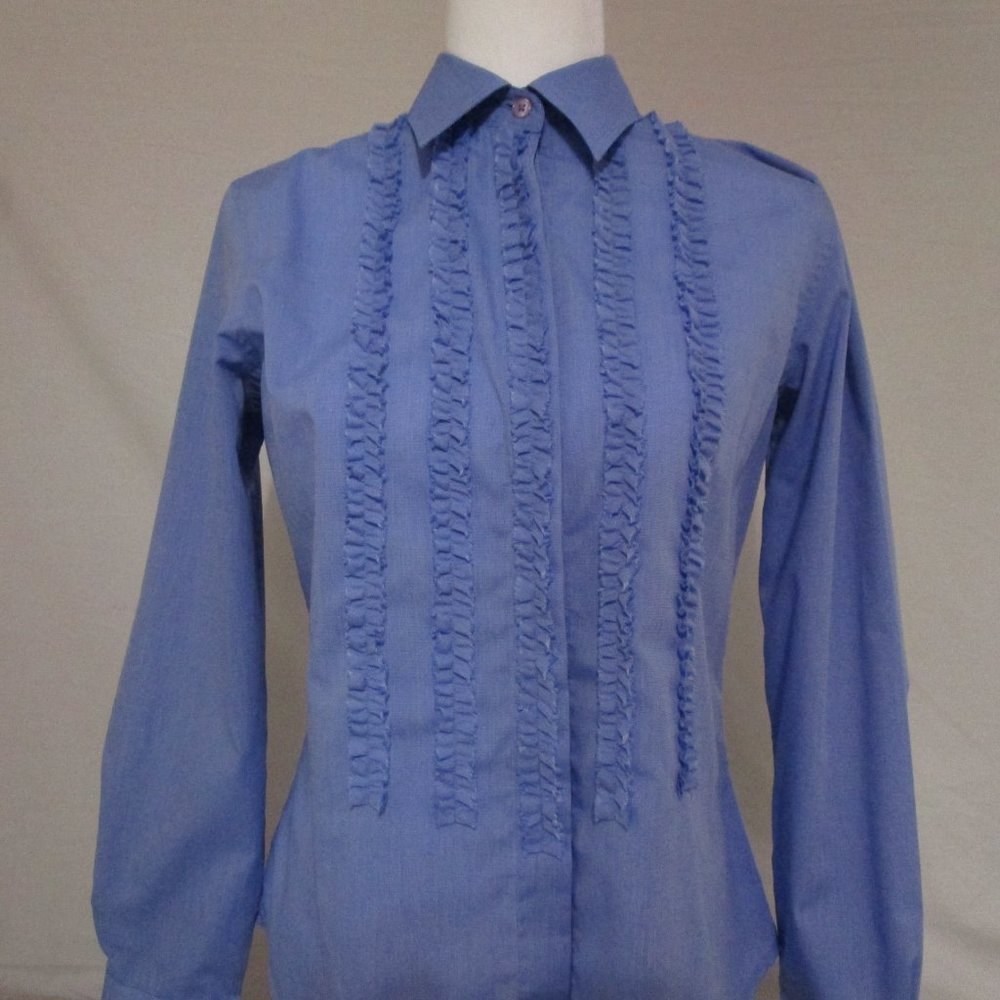 Van Heusen for Her Long Sleeve Shirt Blue Ruffle Front Wrinkle Free Size S